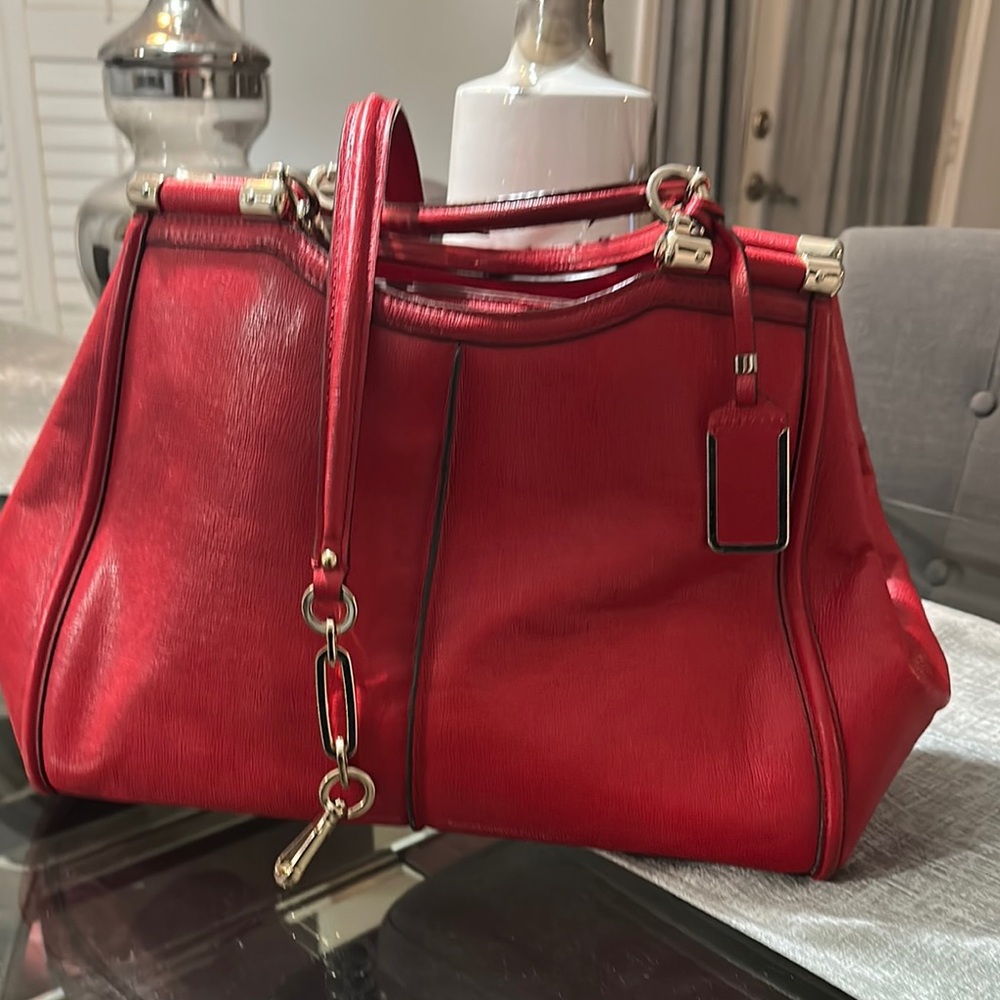 Coach Red Leather Tote with Gold Accents